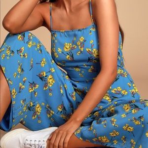 Blue Floral Print Wide-Leg Jumpsuit
